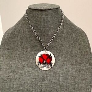 Ed Hardy Signed Necklace and Earring Set Three Hearts NEW
